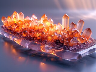 3D Illustration of a Transparent Tray with Blue and Orange Crystals, Featuring Frequent Use of Yellow, Water Drops, Macro Perspectives, Oil Portraiture, Interactive Installation Style