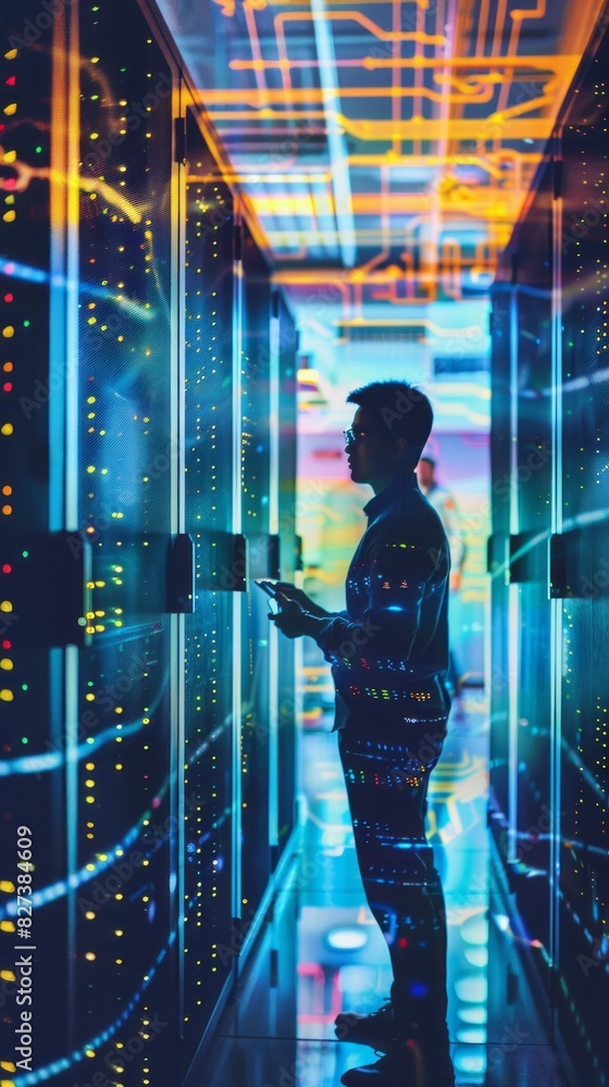 Poster A man is standing in a room with a computer screen in front of him