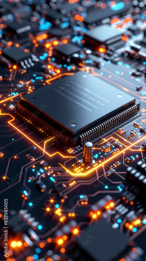 Poster a close up of a computer chip with a glowing orange background