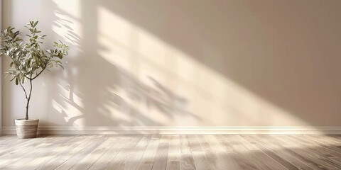 white empty room with shadow plant on beige cream wall texture and parquet floor, beige brown...