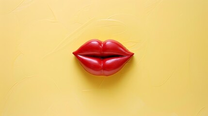 kissing emoji on a lemon yellow background with space for copy The emoji is bright red with puckered lips