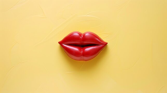 kissing emoji on a lemon yellow background with space for copy The emoji is bright red with puckered lips