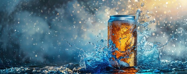 A cold beverage can surrounded by splashing water and ice, creating a refreshing and vibrant scene with a dramatic background.