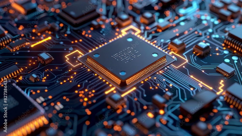 Poster A close up of a computer chip with a yellow glow