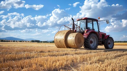 Obraz premium Bucolic Beauty: Rustic Charm and Agricultural Elegance Captured in a Vibrant Scene of a Tractor Baling Hay on a Sunlit Farm Field