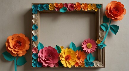 Colorful paper flower frame, perfect for adding a pop of color to any room decor.