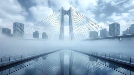 Obraz premium A modern suspension bridge in a misty urban landscape with reflection in water.