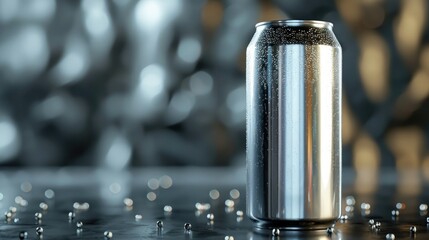 Closeup of a metallic beverage can on a wet surface with a blurred background. High-quality stock photo for advertising and graphic design.