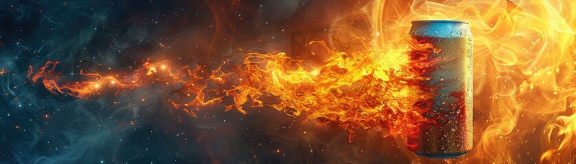 Dynamic energy drink can in flames, symbolizing power and intensity. Perfect for advertising, fitness branding, and promotional material.