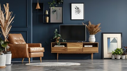Cabinet TV in modern living room with leather armchair and accessories decor on dark. Generative Ai