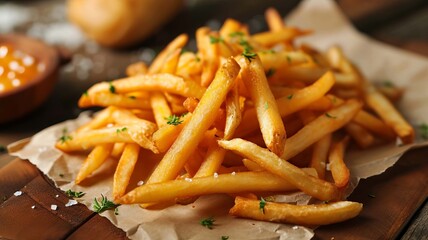 French fries in a paper bag on a wooden background. selective focus. Generative AI,