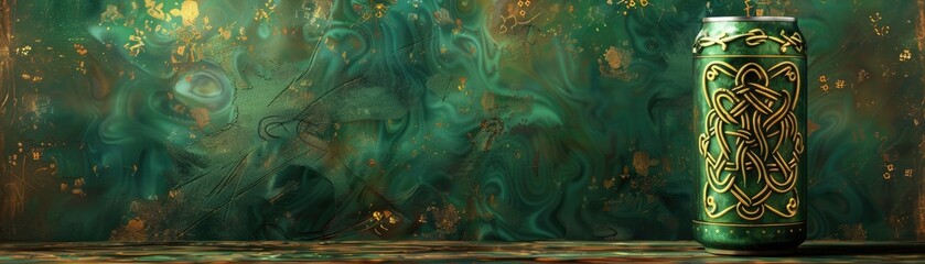 Green metal can with intricate golden patterns on a rustic wooden surface, with abstract, smoky green and gold background.