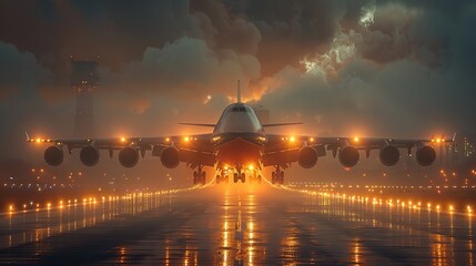Naklejka premium A cargo plane preparing for takeoff at night.