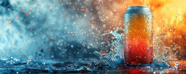 Vibrant soda can splashing in water with contrasting hot and cold background. Refreshing beverage concept with dramatic effect.