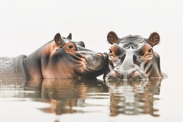 Fototapeta premium Two hippos in water gently touching noses, creating a serene moment captured against a calm watery backdrop, symbolizing their social behavior