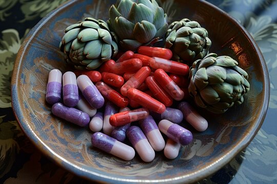 Mix of fresh artichokes and colorful capsules presented on an ornate plate