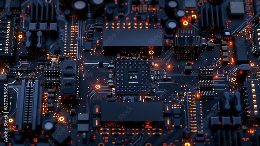 Poster A close up of a computer chip with many small lights on it
