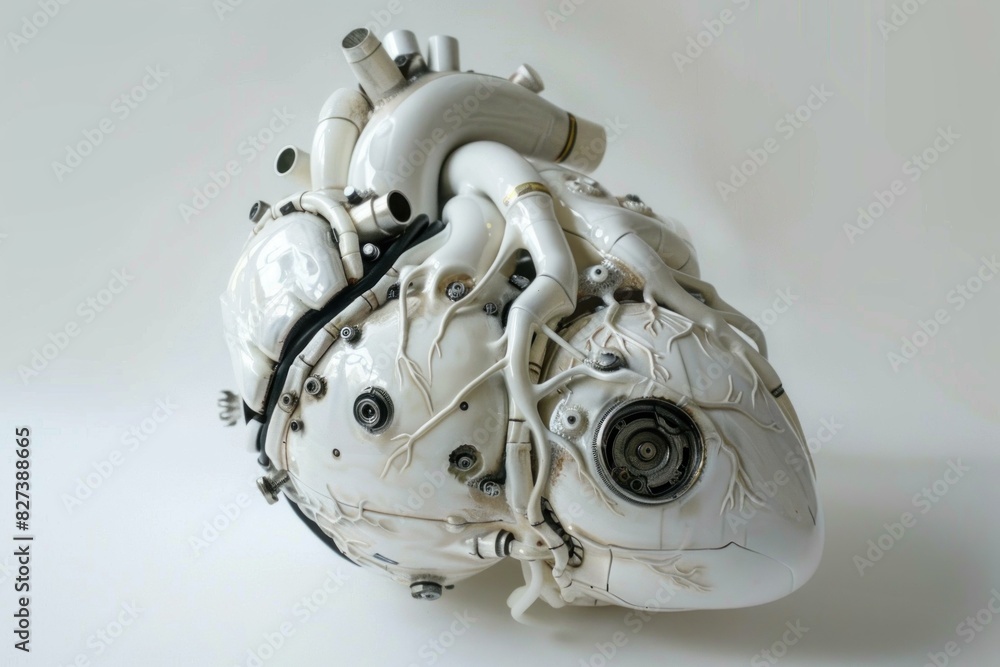 Poster futuristic robotic heart model displaying intricate mechanical details on a clean white backdrop