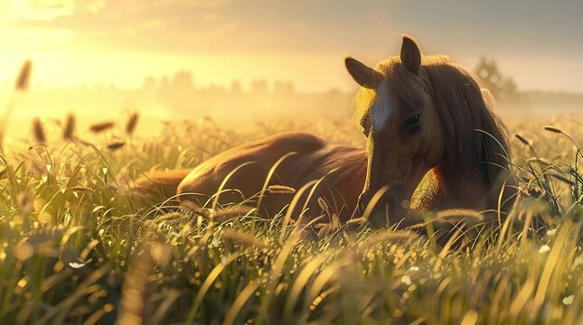 Majestic horse grazing on the savannah during a serene morning, embodying the untamed beauty of the wilderness
 Seamless looping 4k time-lapse virtual video animation background. Generated AI