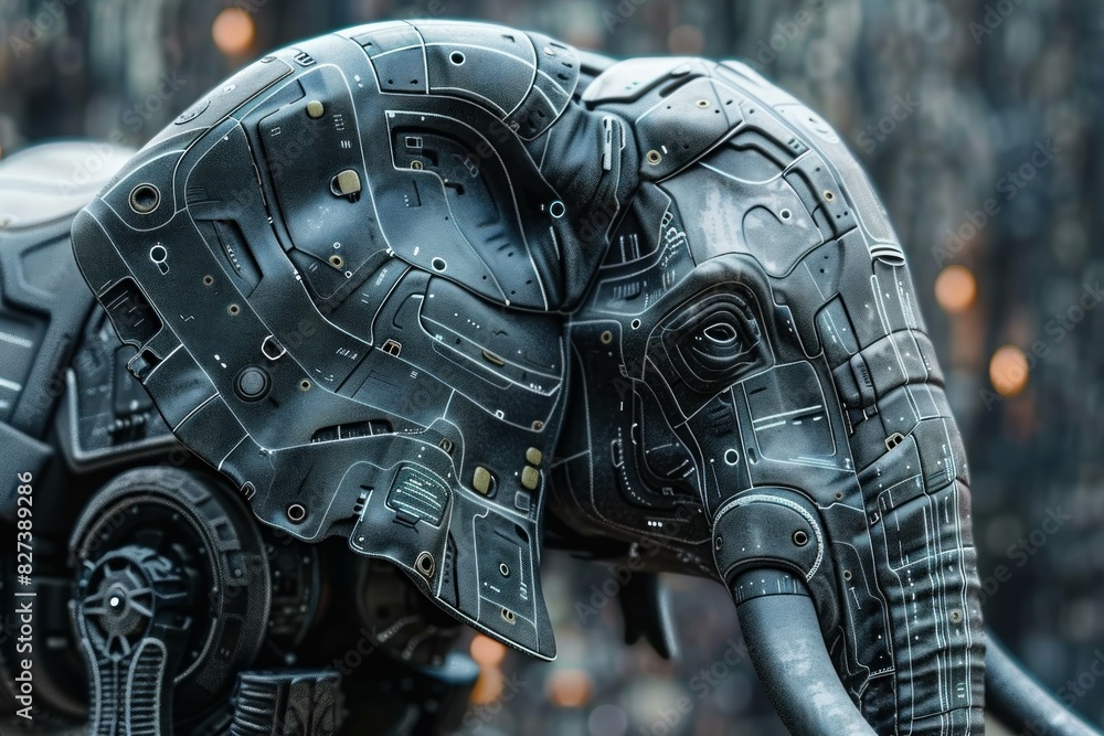 Poster closeup of a robotic elephant with intricate mechanical details and a scifi backdrop