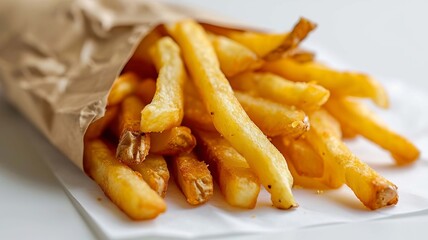 French fries in a paper bag on a wooden background. selective focus. Generative AI,