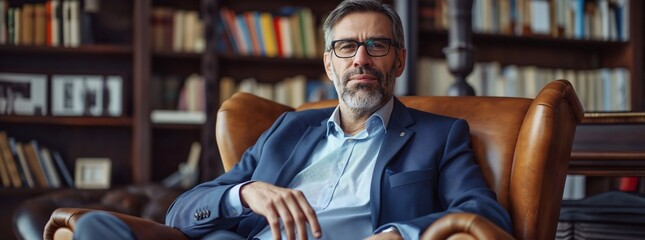 handsome middle aged businessman sitting in leather chair, wearing glasses and blue shirt with suit jacket, office background with bookshelves, generative AI