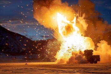 Controlled explosion with fiery blast in snowcovered landscape against twilight sky