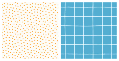 Mustard yellow polka dot and blue grid check seamless vector patterns. Hand-drawn plaid and dot repeat print background.