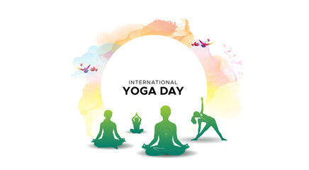 Template design for Yoga Day. Happy International Yoga Day. Family practicing body fitness exercises, stretch, workout, holistic wellness, relaxation and recreation.