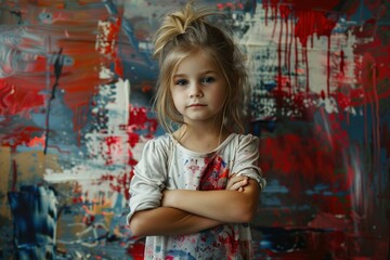 Portrait of a pensive child with paint splatters, standing before a vibrant artwork