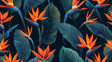 Strelitzia Flowers and Leaves Pattern