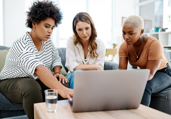 Laptop, solution or women in startup meeting for online update, speaking or teamwork in...
