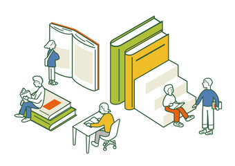本を読む若者　図書館　ライブラリー