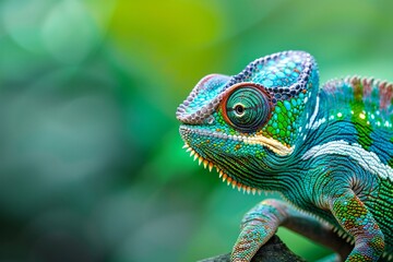 Vividly Colored Chameleon on a Forest Backdrop