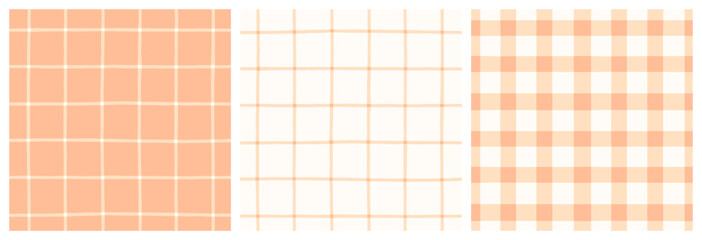 Peach pink patchwork quilt gingham check and grid seamless vector pattern. Pastel pink on white vichy check plaid print.