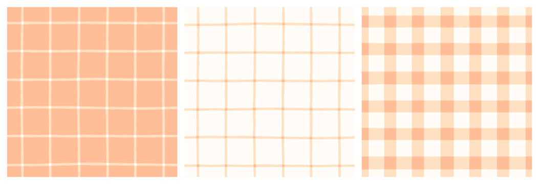 Peach pink patchwork quilt gingham check and grid seamless vector pattern. Pastel pink on white vichy check plaid print.