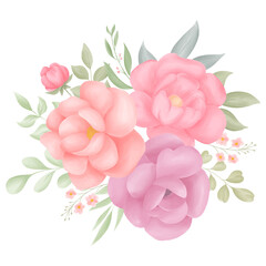 bouquet of pink and purple flowers with green leaves