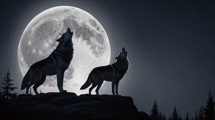 Lone WOLF howling to the Moon during a scary dark night moonlit, mysterious chilling thrilling night ambient, horror scenery