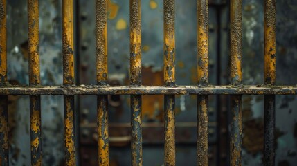 A rusty metal fence with bars and a dirty background