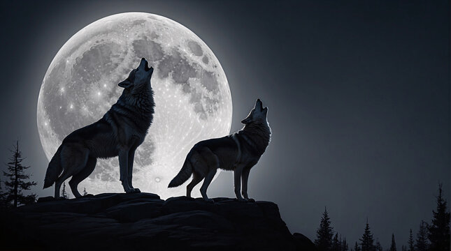 Lone WOLF howling to the Moon during a scary dark night moonlit, mysterious chilling thrilling night ambient, horror scenery