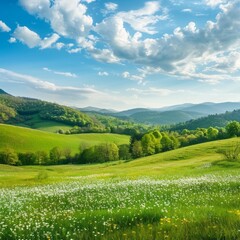 Fototapeta premium Panoramic Landscape of Green Hills with Blossoming Flowers