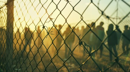 A fence with a crowd of people on the other side