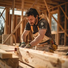 Carpenter Crafting a Wood Structure for Dream Home Construction