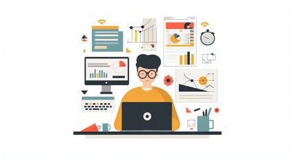 A flat design promotional specialist character in 2D flat style, creating promotional materials on a laptop. The background includes elements like brochures, flyers, and digital ads. The design is