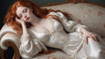 Ephemeral consumptive beauty of you red-hair lady with fragile health hidden illness, victorian era lady madame, jane austen period drama, austere romanticism