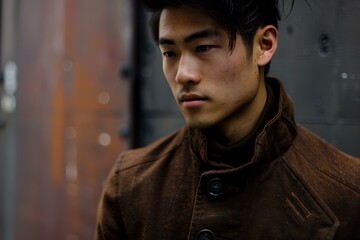 Closeup of a thoughtful young man with a stylish jacket, standing against a textured backdrop