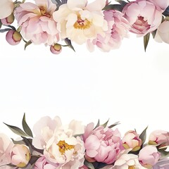 Fototapeta premium Watercolor peony frame isolated on white background. Floral composition for Mother's Day, wedding, birthday, Easter, Valentine's Day, greeting card, wallpaper, print. Pastel colors