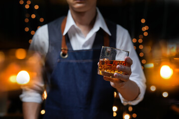Bartender Serve beer, on wood bar, 