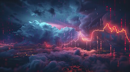 Visualize volatile market effects through a lightning storm over stock graphs, capturing a wide view with dark clouds and striking lightning, all in a minimal style.