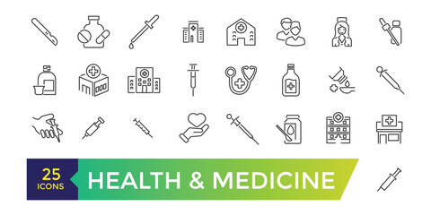 Medical and Healthcare web icons in line style. Medicine, check up, doctor, pharmacy, collection. Vector illustration.